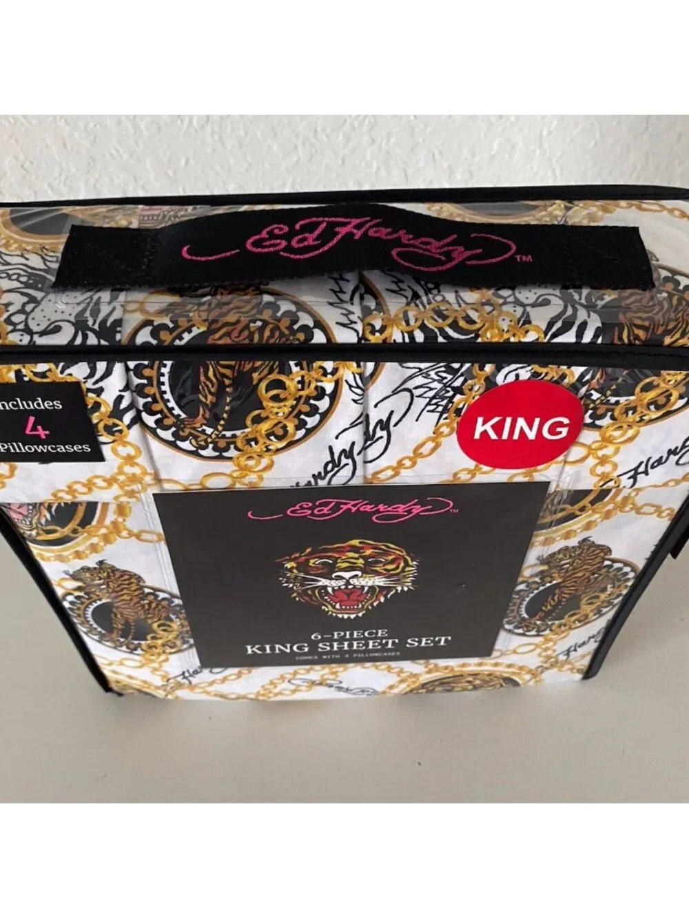6 Piece Ed Hardy KING Size Sheet Set Americana Asian Tattoo‎ Tiger Print White